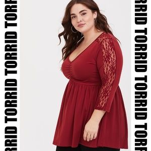 Torrid - Dark Red Studio Knit & Lace Babydoll Top